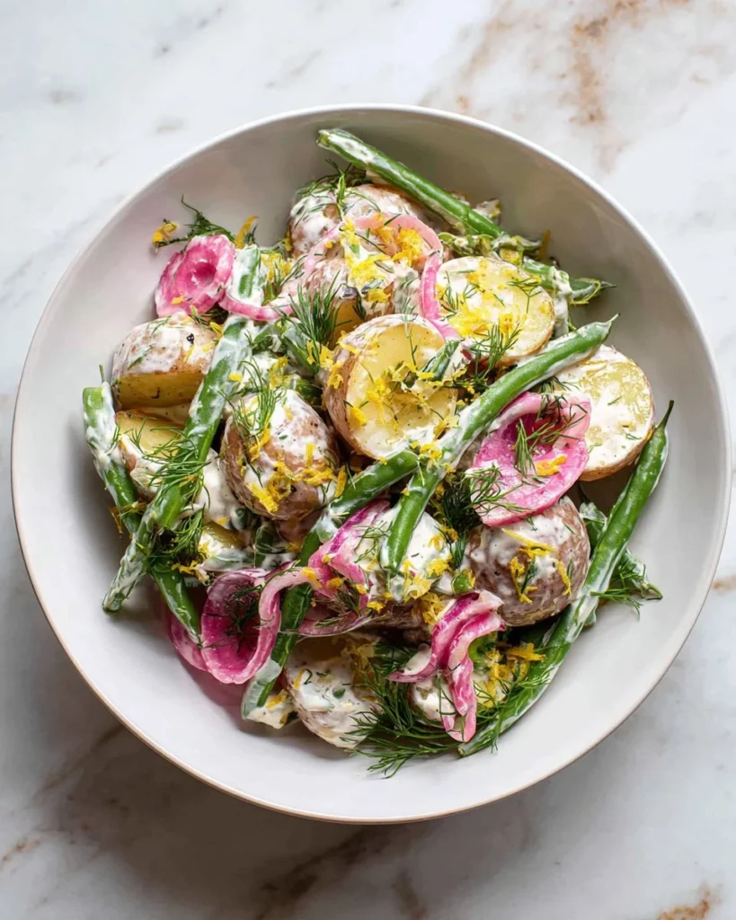 Healthy vegan potato salad with yogurt dressing in a bowl