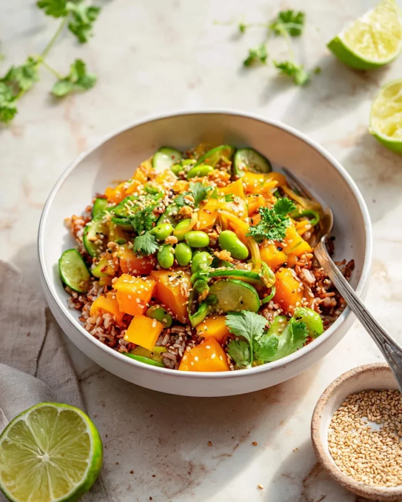 A colorful bowl of red rice salad with vegetables and herbs.
