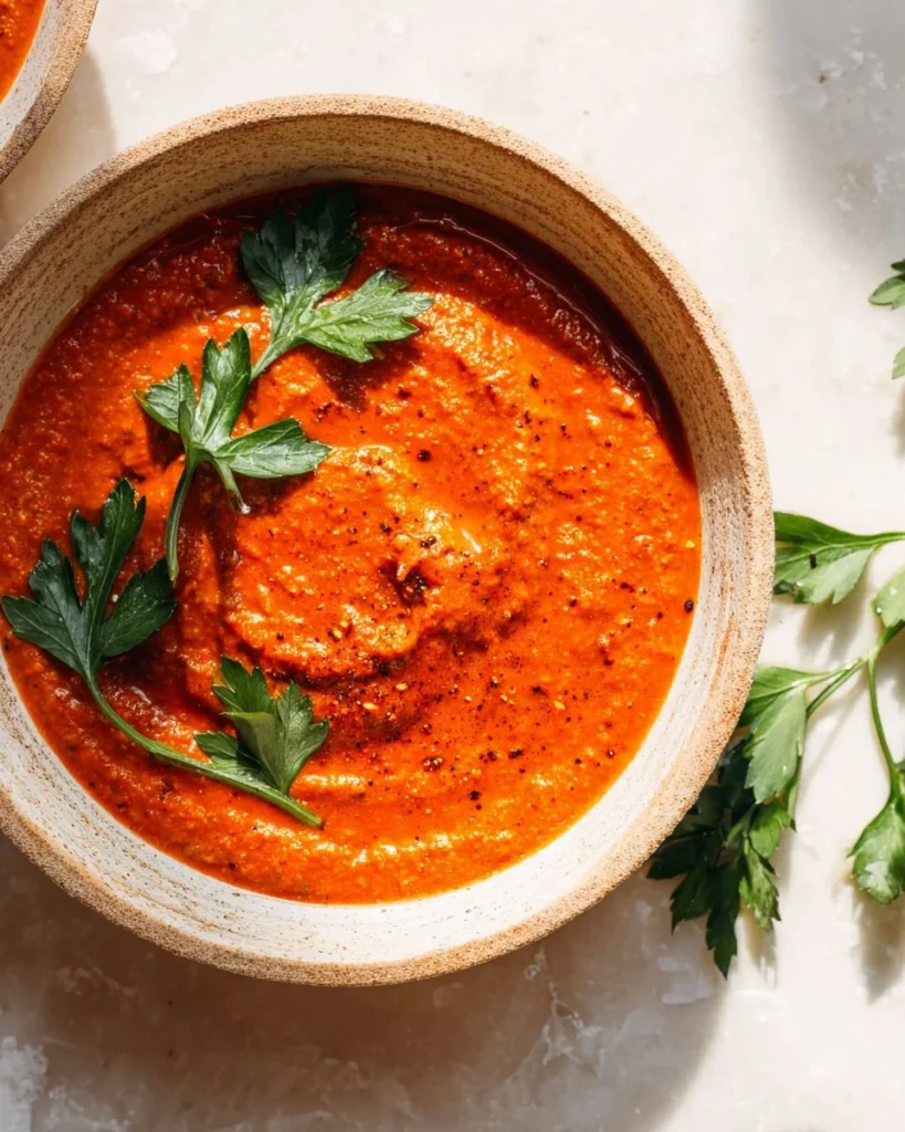 Bowl of Moroccan Pumpkin Soup with Quinoa, garnished with herbs